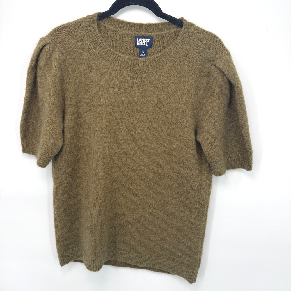 Lands' End Short Sleeve Sweater Women S Earthy Moss Puff Sleeve Minimalist Indie